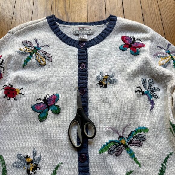 Vintage Talbots Size PS White Cotton Silk Blend Butterfly Ladybug Knit Cardigan - Picture 15 of 16